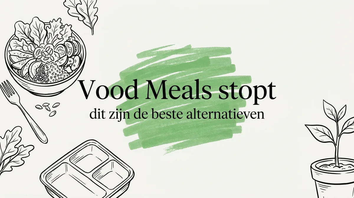 Illustratie Vood Meals stopt met plantaardige maaltijdbowl, groene blaadjes en maaltijdbakje