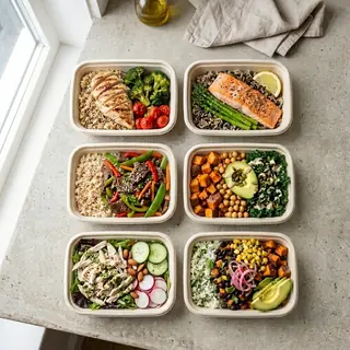 Zes verschillende meal prep maaltijden in bakjes