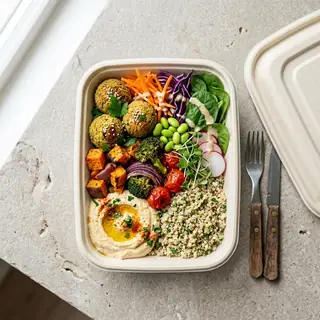 Vegetarische bowl met falafel, groenten en hummus