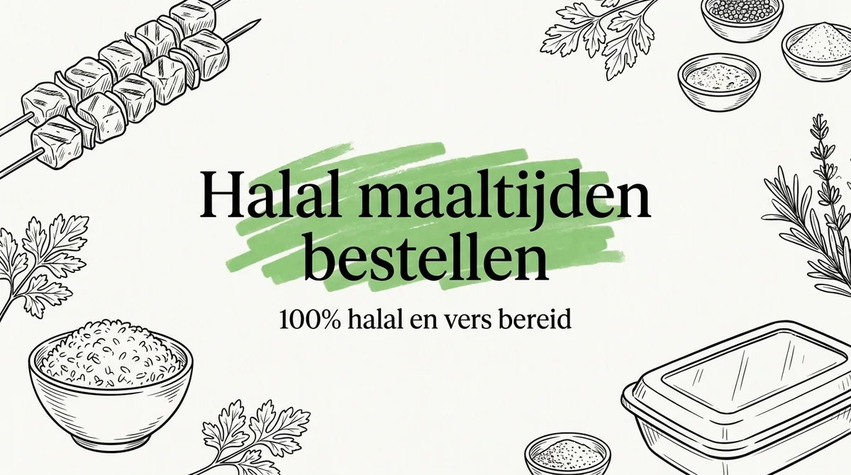 Illustratie halal maaltijden bestellen met spies, rijst en verse kruiden