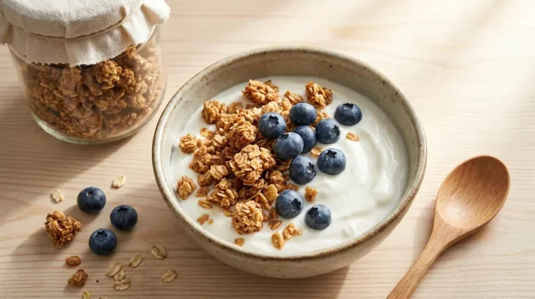 Kwarkbowl met zelfgemaakte granola en blauwe bessen