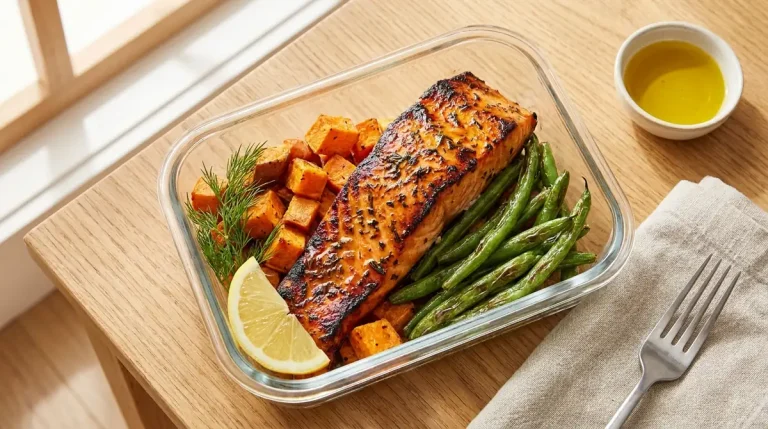 Zalm met zoete aardappel en sperziebonen